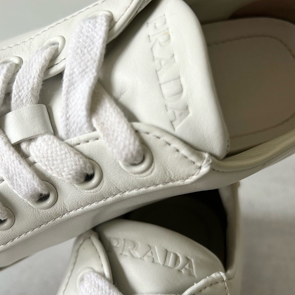 PRADA Womens Vitello Soft 3 Low Profile White/Pink Leather Sneakers, 37.5 - Picture 6 of 13